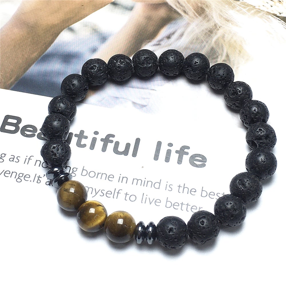 Natural Stone Bead Bracelet Lava Tiger Eye Stone Elastic Mens Bracelet Healing Bracelet
