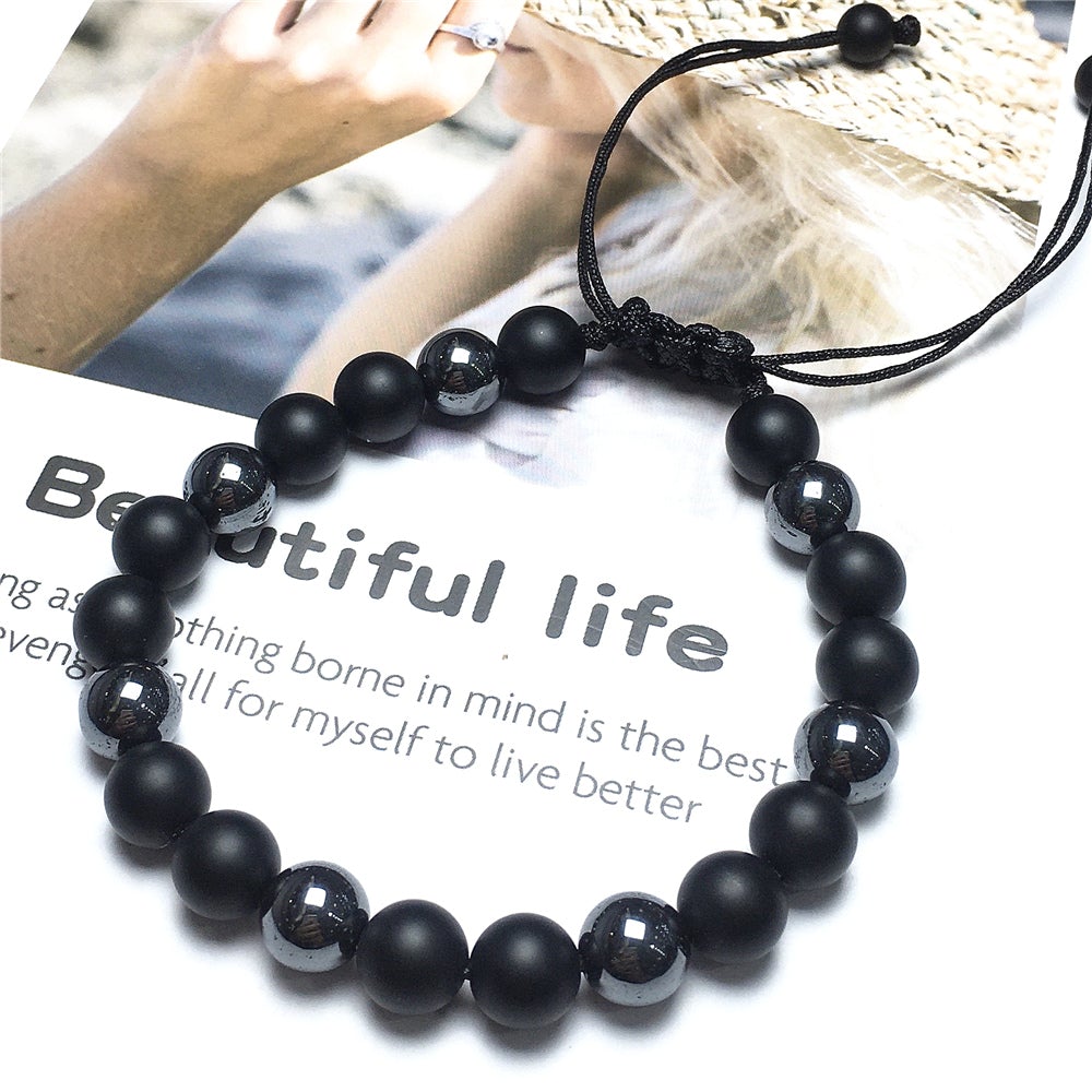 Matte Onyx Hematite Stone Beaded Bracelet Gemstone Adjustable Braided Bracelets