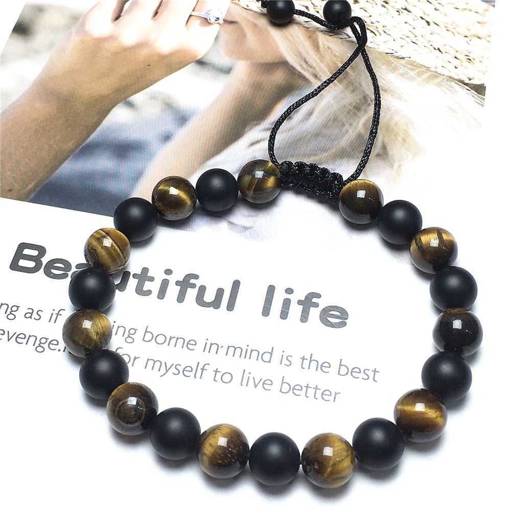 Matte Onyx Tiger Eye Stone Beaded Bracelet Gemstone Adjustable Braided Bracelets