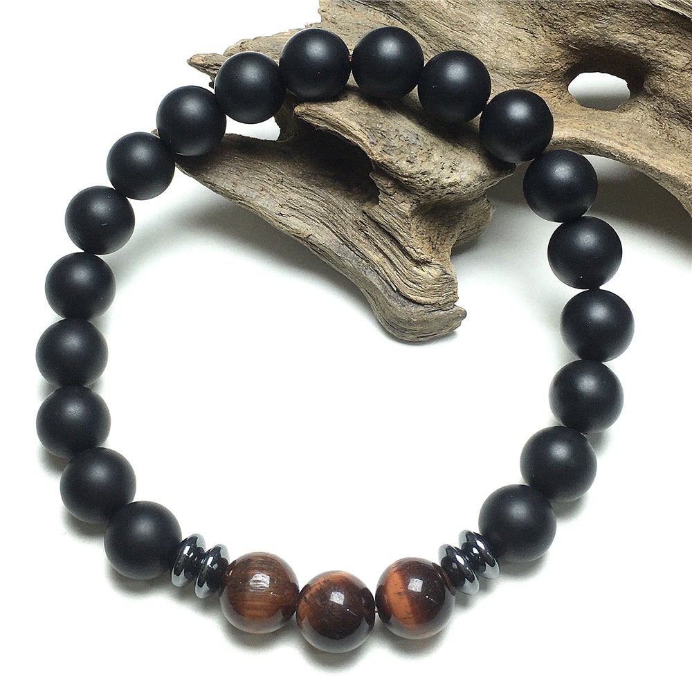Black Onyx Red Tigers Eye Stone Beaded Bracelet Gemstone Handmade Elastic Bracelets