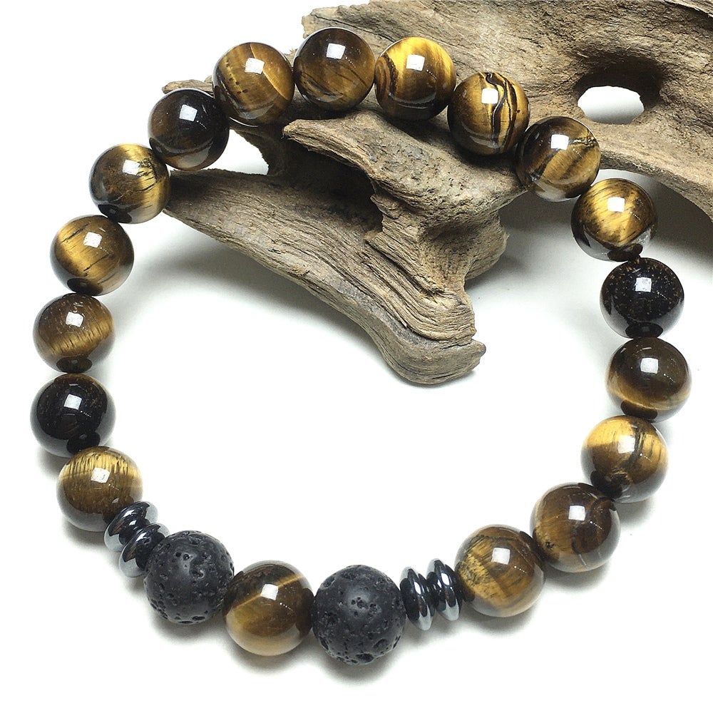 Natural Stone Bead Bracelet Tiger Eye Gemstone Elastic Mens Bracelet Healing Bracelet