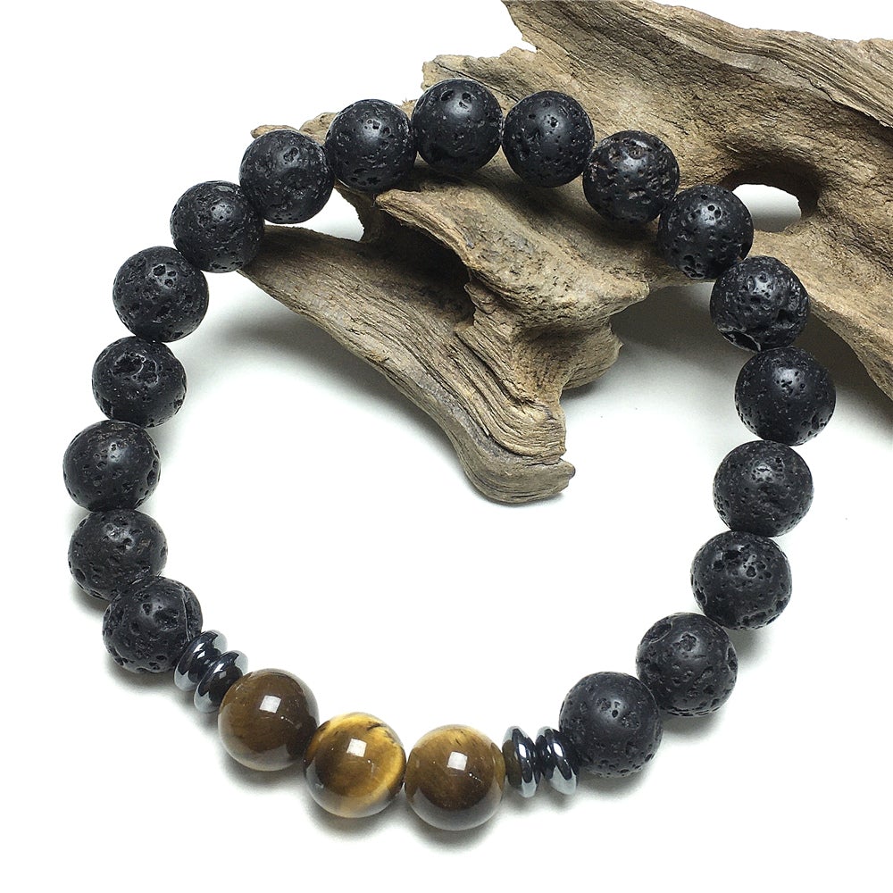 Natural Stone Bead Bracelet Lava Tiger Eye Stone Elastic Mens Bracelet Healing Bracelet