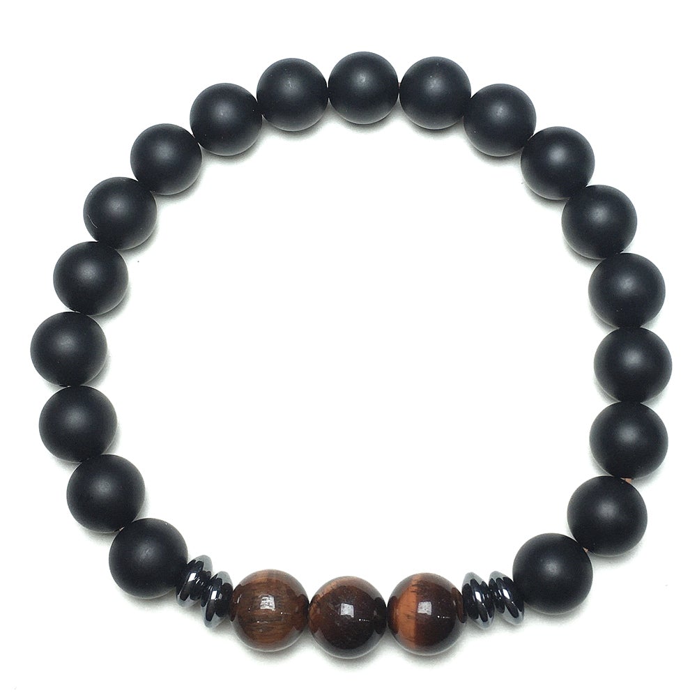 Black Onyx Red Tigers Eye Stone Beaded Bracelet Gemstone Handmade Elastic Bracelets