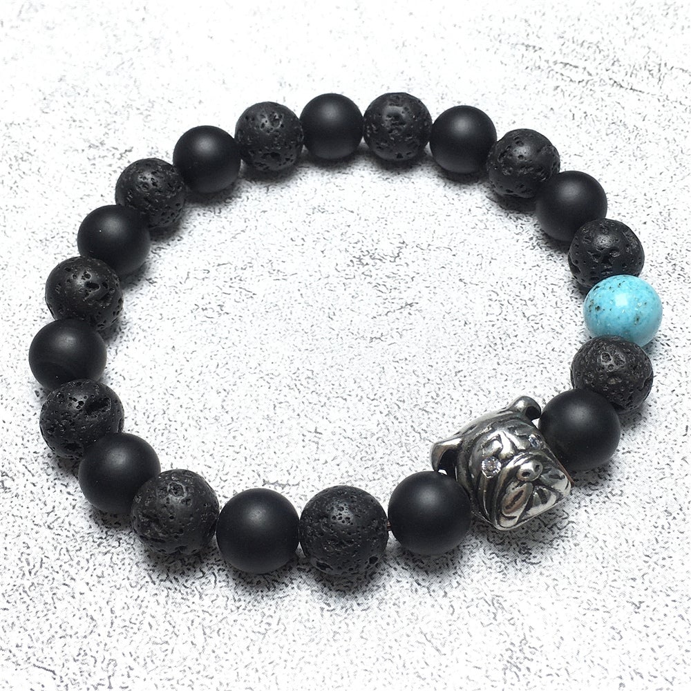 Matte Onyx Lava Stretch Beaded Handmade Precious Bracelets Jewelry with Bulldog
