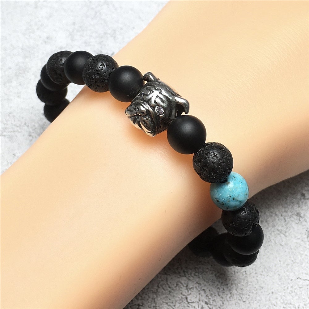 Matte Onyx Lava Stretch Beaded Handmade Precious Bracelets Jewelry with Bulldog