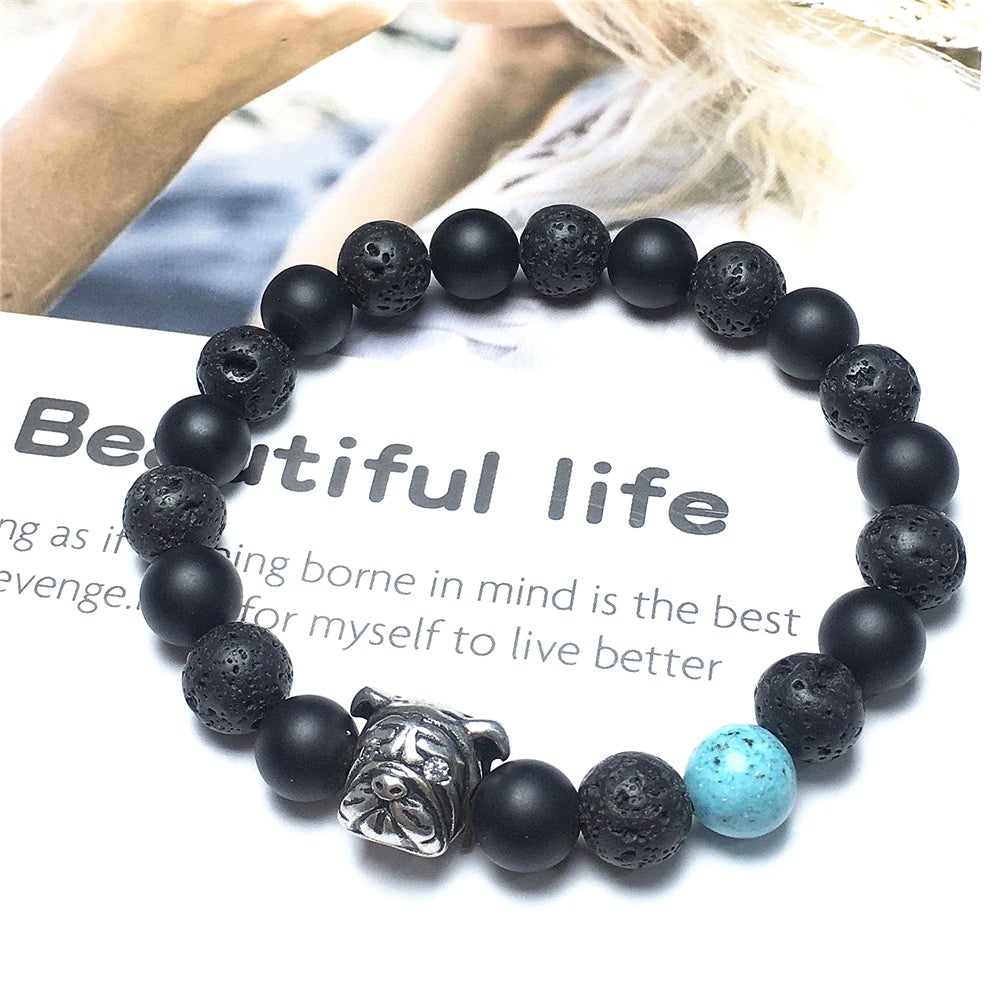 Matte Onyx Lava Stretch Beaded Handmade Precious Bracelets Jewelry with Bulldog