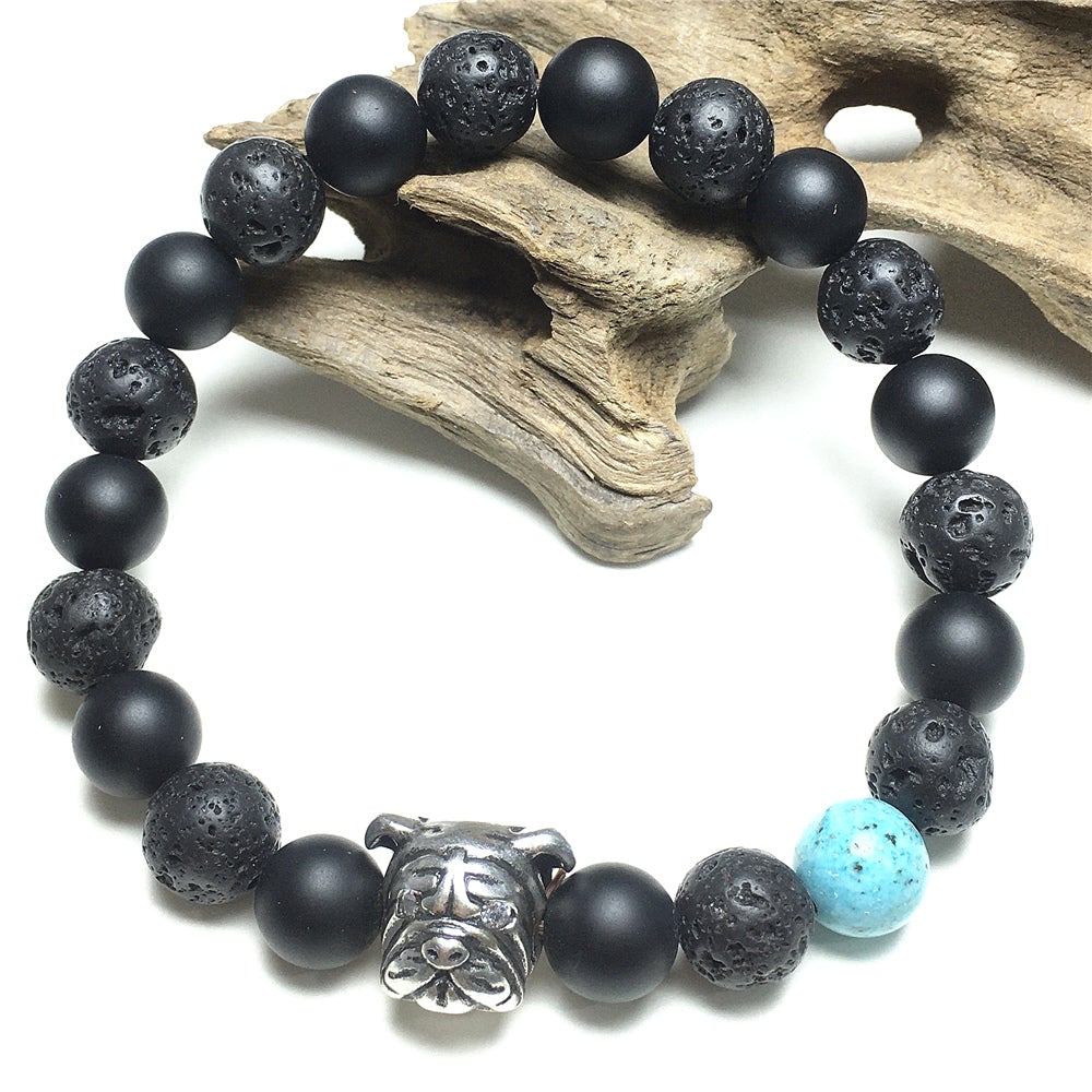 Matte Onyx Lava Stretch Beaded Handmade Precious Bracelets Jewelry with Bulldog