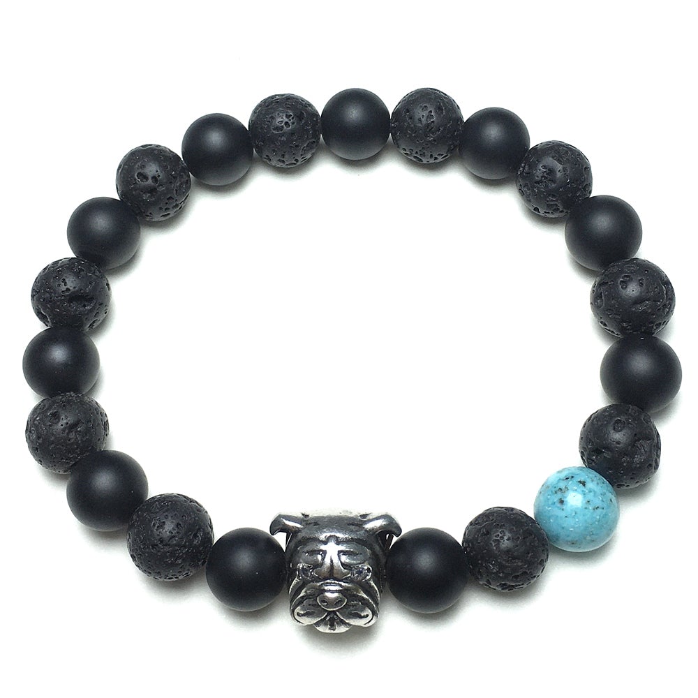 Matte Onyx Lava Stretch Beaded Handmade Precious Bracelets Jewelry with Bulldog
