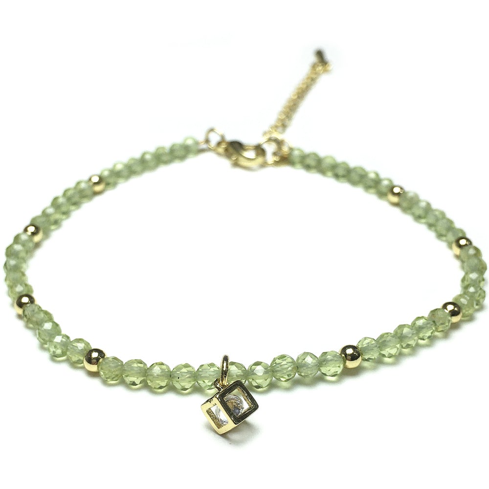Green Peridot Gemstone with Rhinestone Cubic Charm Adjustable Tiny Gemstone Beads Bracelet