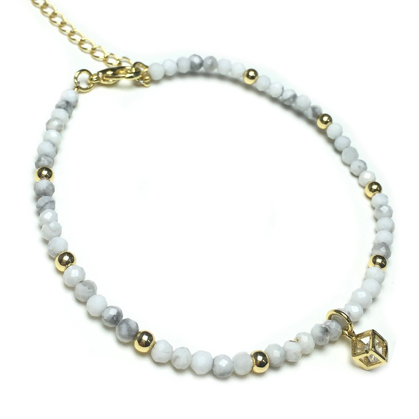 Howlite Gemstone with Rhinestone Cubic Charm Adjustable Tiny Gemstone Beads Bracelet