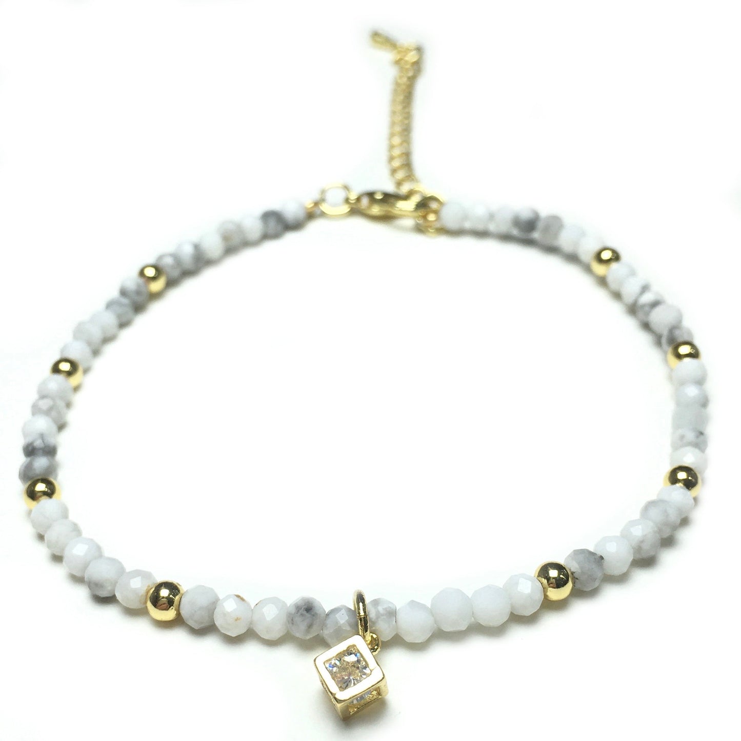 Howlite Gemstone with Rhinestone Cubic Charm Adjustable Tiny Gemstone Beads Bracelet