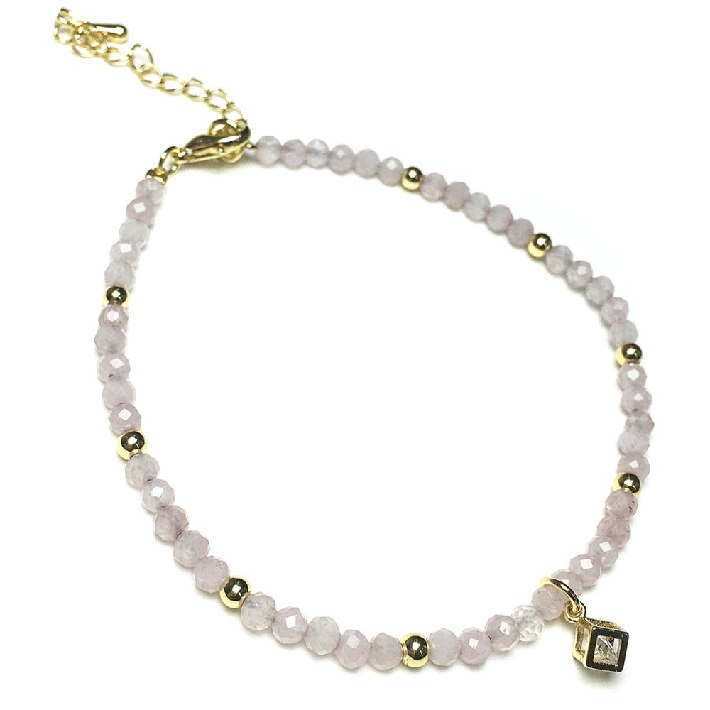 Pink Rose Quartz Gemstone with Rhinestone Cubic Charm Adjustable Tiny Gemstone Beads Bracelet