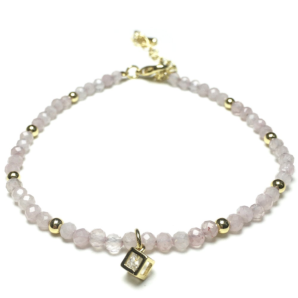 Pink Rose Quartz Gemstone with Rhinestone Cubic Charm Adjustable Tiny Gemstone Beads Bracelet