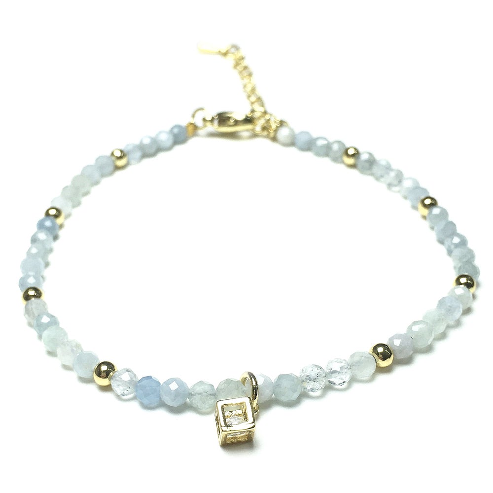 Aquamarine Gemstone with Rhinestone Charm Adjustable Beaded Braceletet