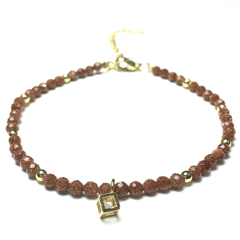 Gold Sandstone Gemstone with Rhinestone Cubic Charm Adjustable Tiny Gemstone Beads Bracelet