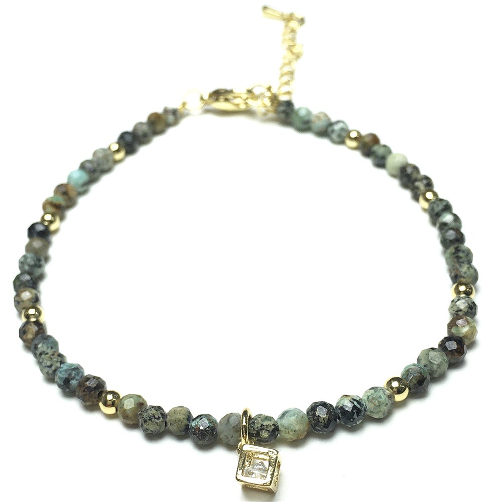 African Turquoise Gemstone with Rhinestone Cubic Charm Adjustable Tiny Gemstone Beads Bracelet