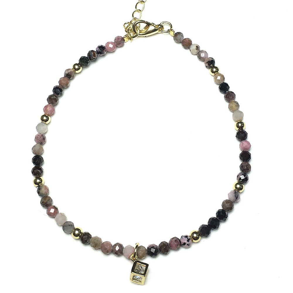 Pink Rhodonite Gemstone with Rhinestone Cubic Charm Adjustable Tiny Gemstone Beads Bracelet