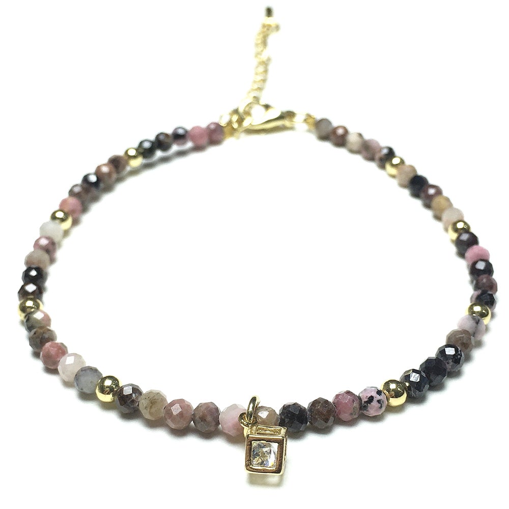 Pink Rhodonite Gemstone with Rhinestone Cubic Charm Adjustable Tiny Gemstone Beads Bracelet