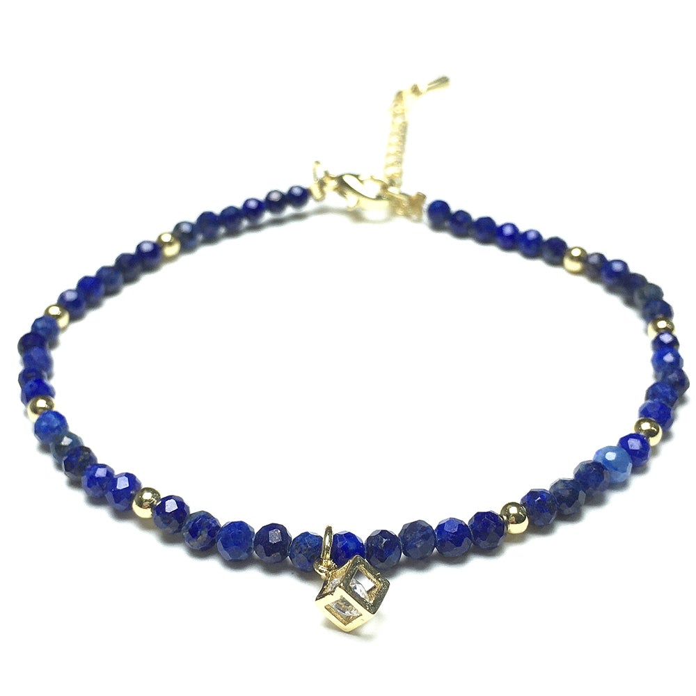 Lapis Lazuli Gemstone with Rhinestone Cubic Charm Adjustable Tiny Gemstone Beads Bracelet