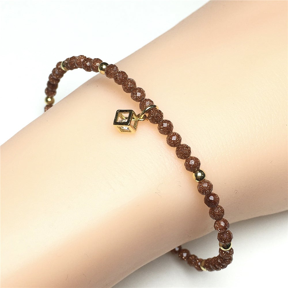 Gold Sandstone Gemstone with Rhinestone Cubic Charm Adjustable Tiny Gemstone Beads Bracelet
