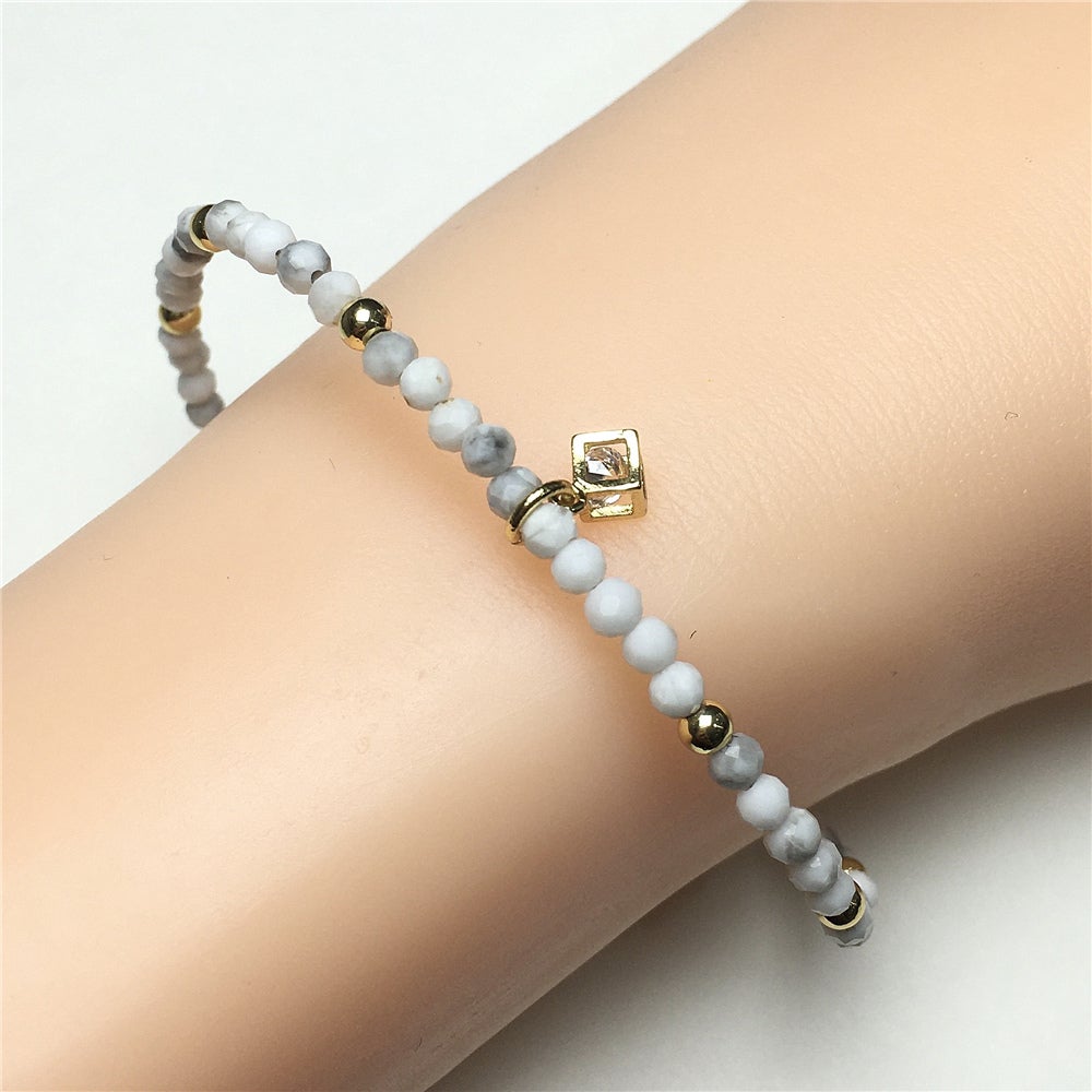 Howlite Gemstone with Rhinestone Cubic Charm Adjustable Tiny Gemstone Beads Bracelet