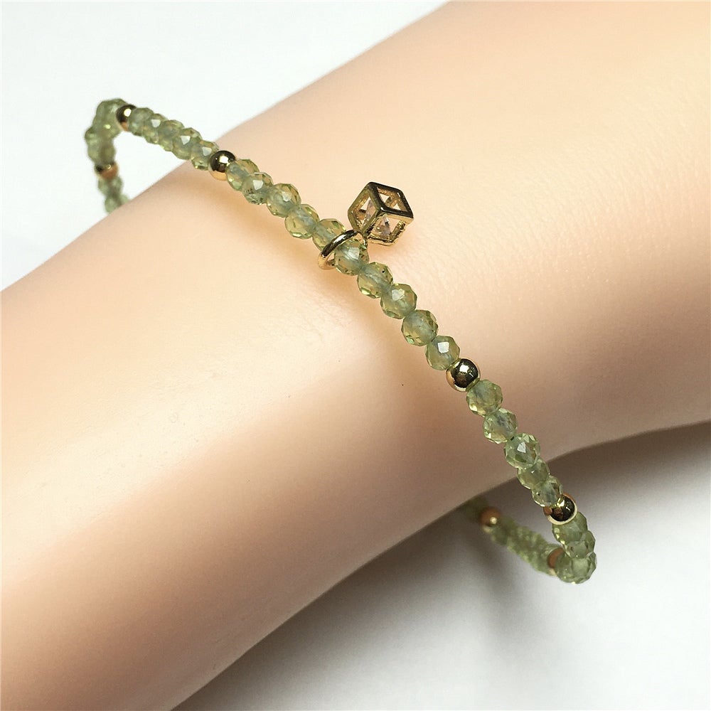 Green Peridot Gemstone with Rhinestone Cubic Charm Adjustable Tiny Gemstone Beads Bracelet