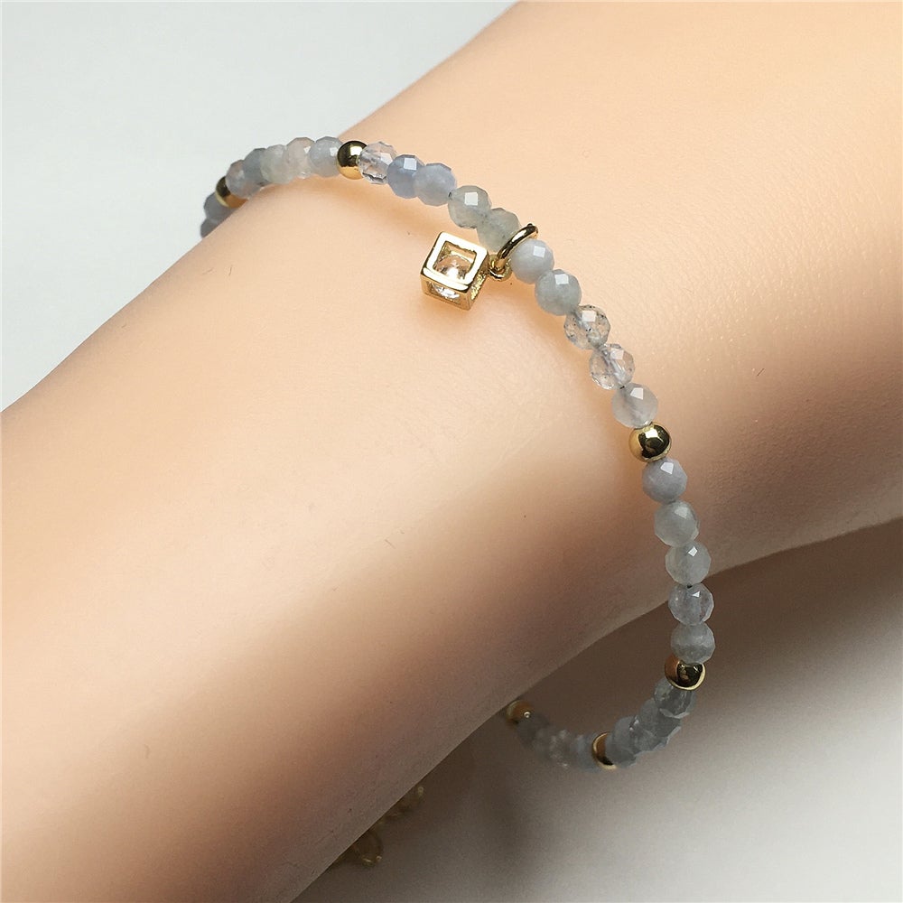Aquamarine Gemstone with Rhinestone Charm Adjustable Beaded Braceletet