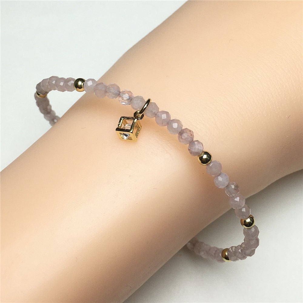 Pink Rose Quartz Gemstone with Rhinestone Cubic Charm Adjustable Tiny Gemstone Beads Bracelet