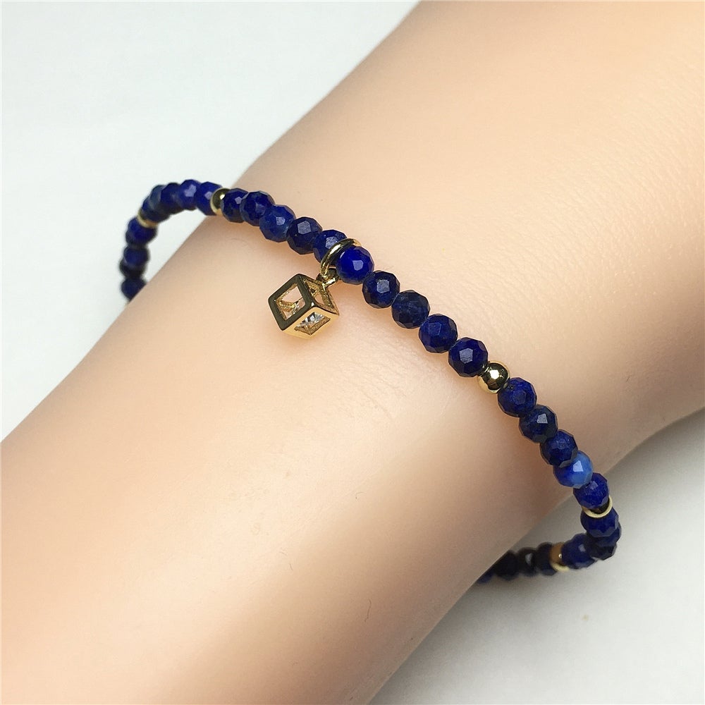 Lapis Lazuli Gemstone with Rhinestone Cubic Charm Adjustable Tiny Gemstone Beads Bracelet
