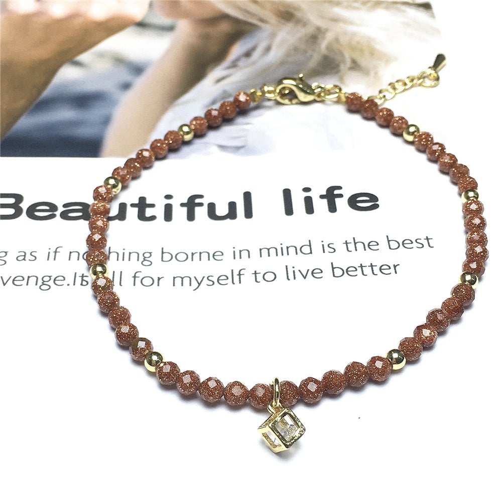 Gold Sandstone Gemstone with Rhinestone Cubic Charm Adjustable Tiny Gemstone Beads Bracelet