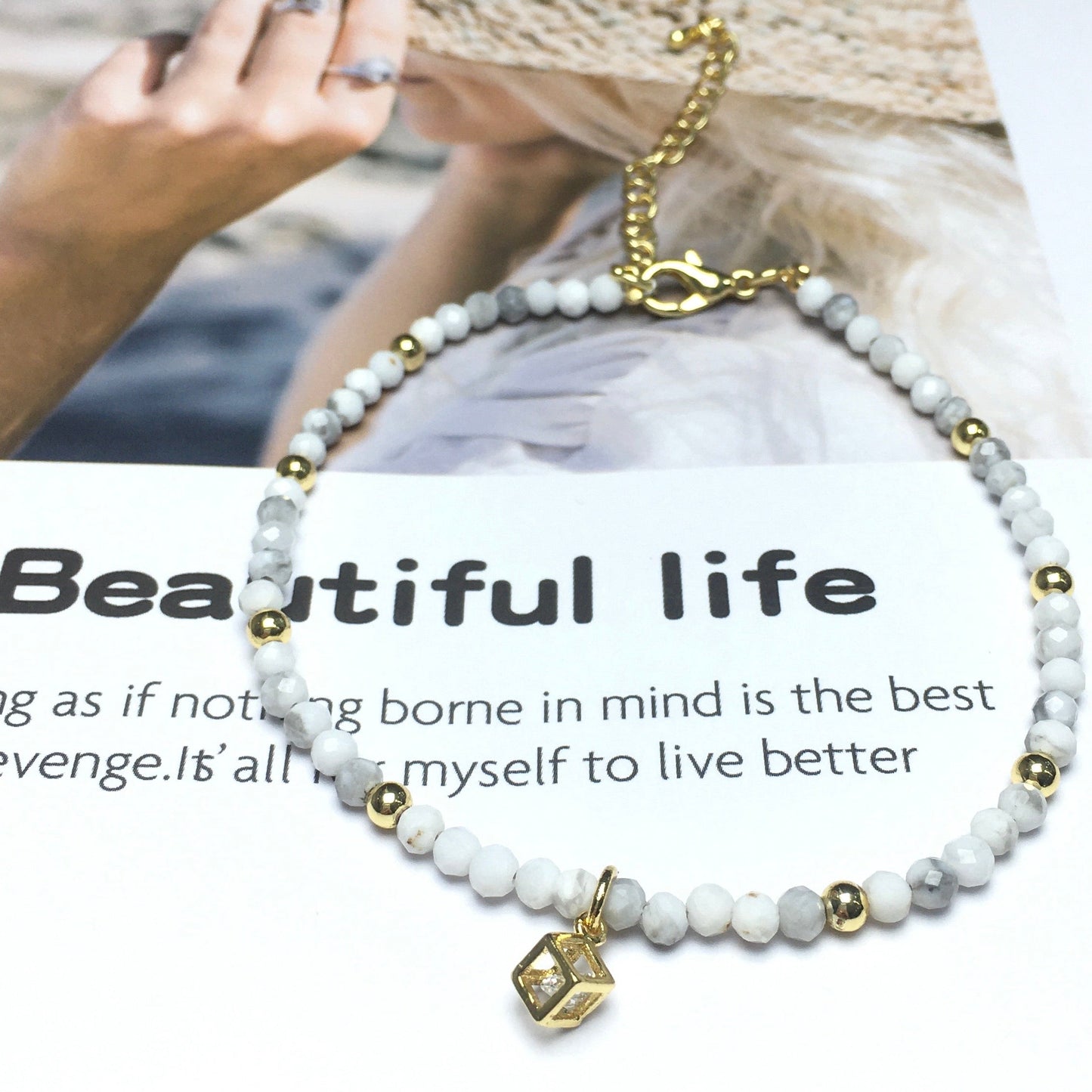 Howlite Gemstone with Rhinestone Cubic Charm Adjustable Tiny Gemstone Beads Bracelet