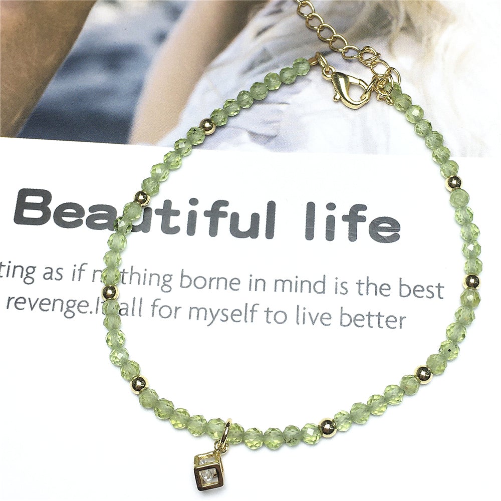 Green Peridot Gemstone with Rhinestone Cubic Charm Adjustable Tiny Gemstone Beads Bracelet