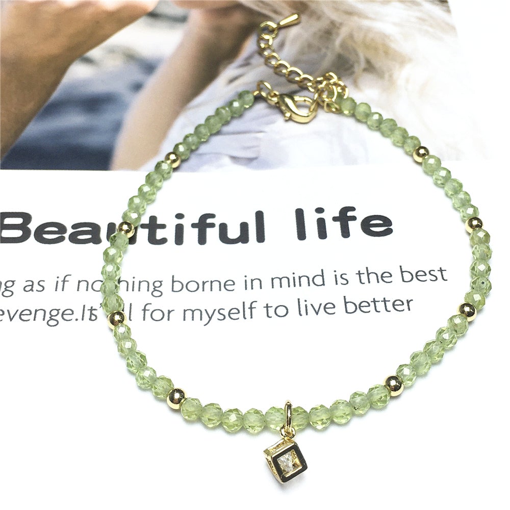 Green Peridot Gemstone with Rhinestone Cubic Charm Adjustable Tiny Gemstone Beads Bracelet