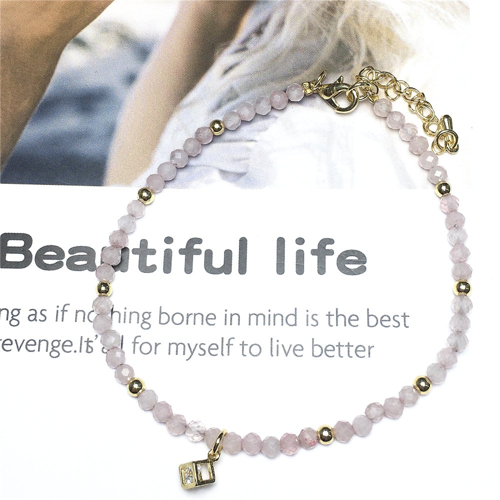 Pink Rose Quartz Gemstone with Rhinestone Cubic Charm Adjustable Tiny Gemstone Beads Bracelet