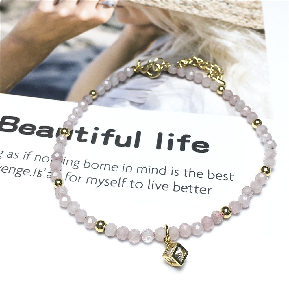 Pink Rose Quartz Gemstone with Rhinestone Cubic Charm Adjustable Tiny Gemstone Beads Bracelet