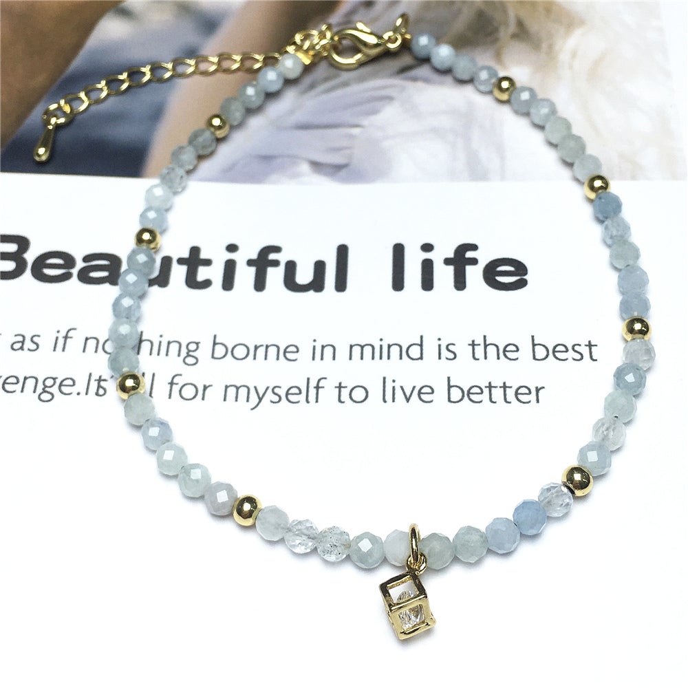 Aquamarine Gemstone with Rhinestone Charm Adjustable Beaded Braceletet