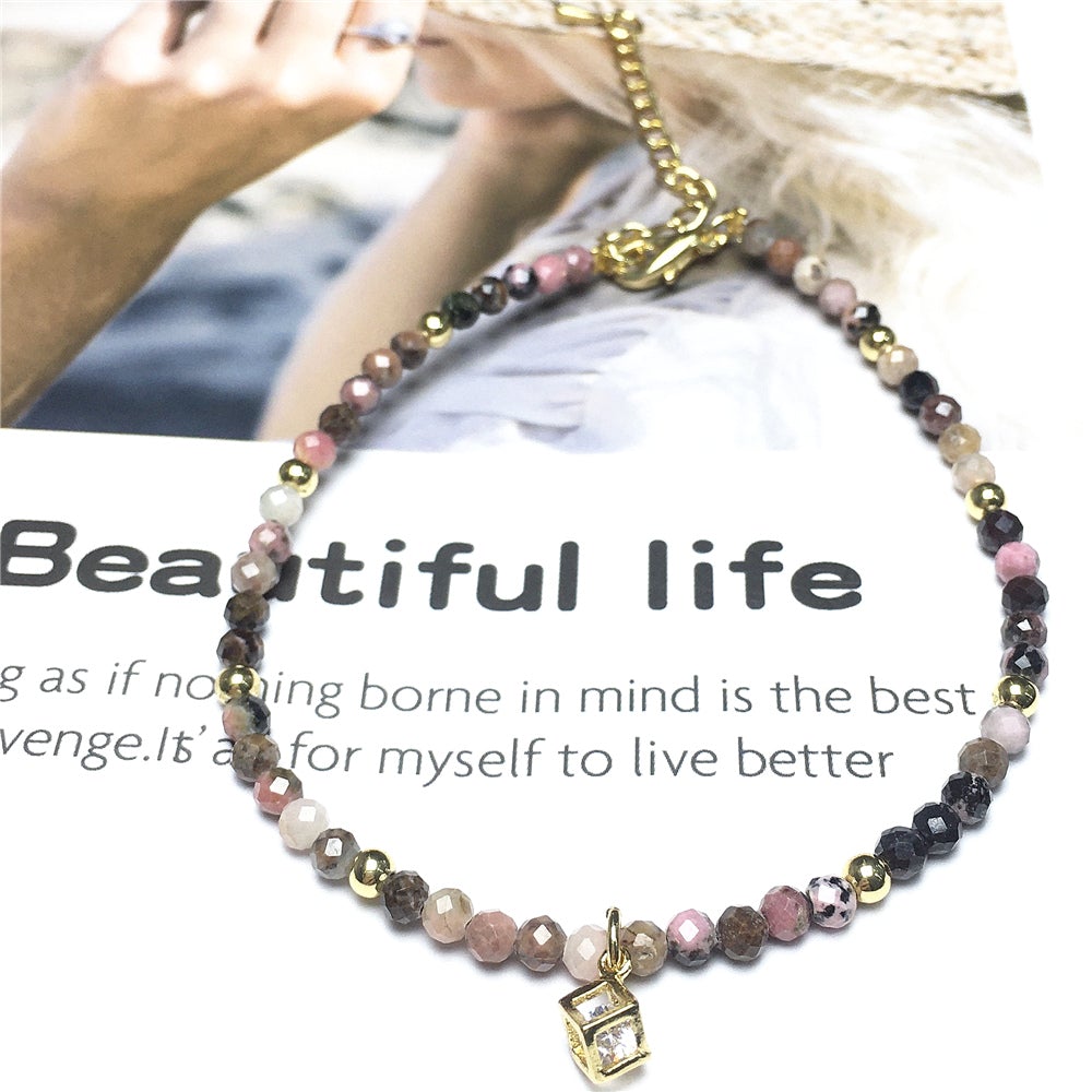 Pink Rhodonite Gemstone with Rhinestone Cubic Charm Adjustable Tiny Gemstone Beads Bracelet