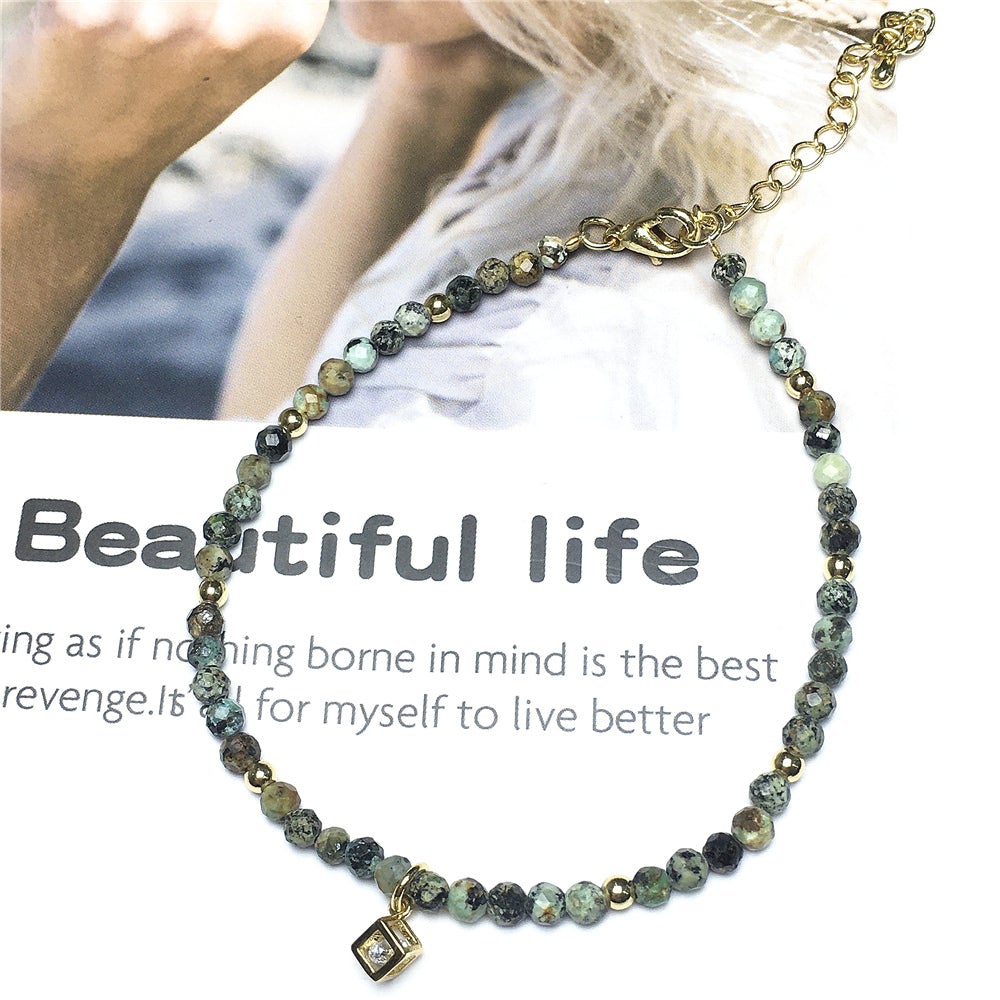 African Turquoise Gemstone with Rhinestone Cubic Charm Adjustable Tiny Gemstone Beads Bracelet