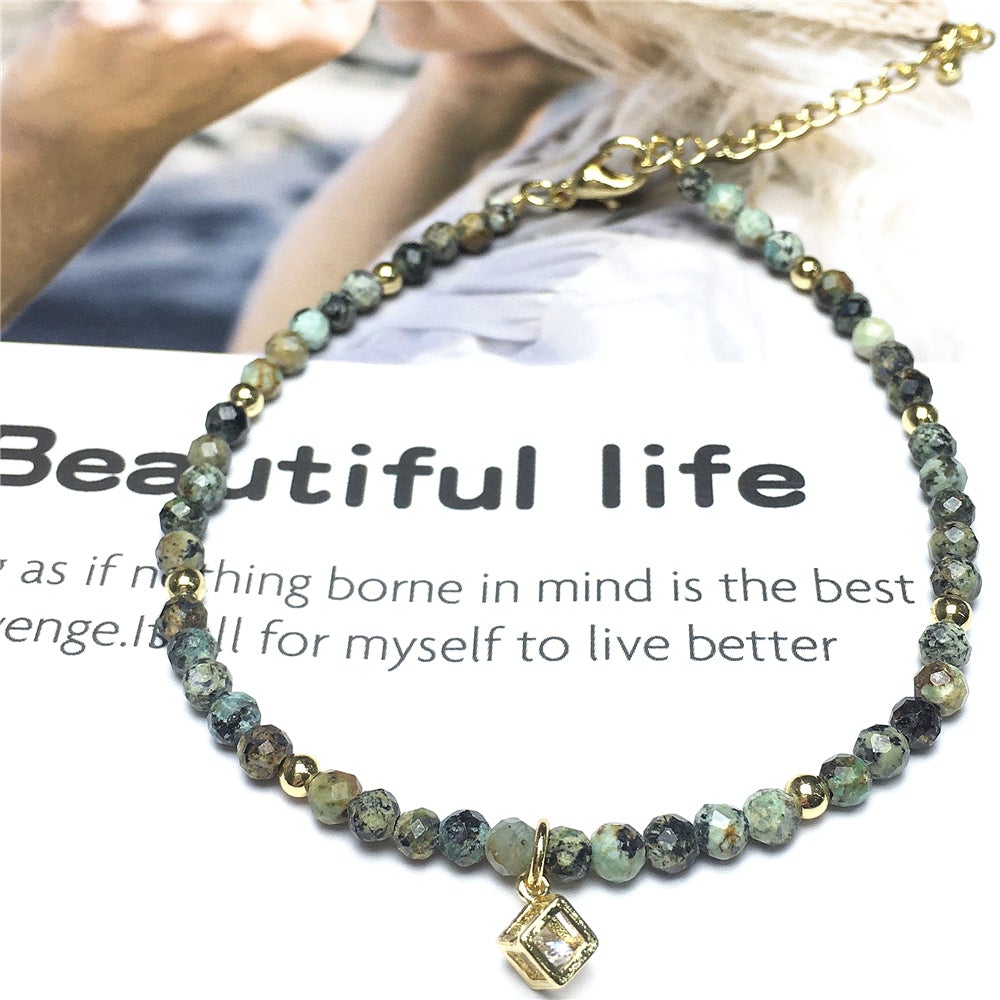 African Turquoise Gemstone with Rhinestone Cubic Charm Adjustable Tiny Gemstone Beads Bracelet