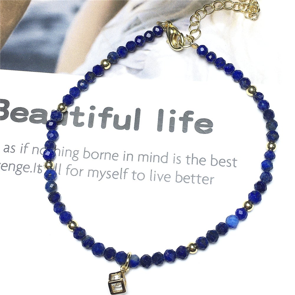 Lapis Lazuli Gemstone with Rhinestone Cubic Charm Adjustable Tiny Gemstone Beads Bracelet