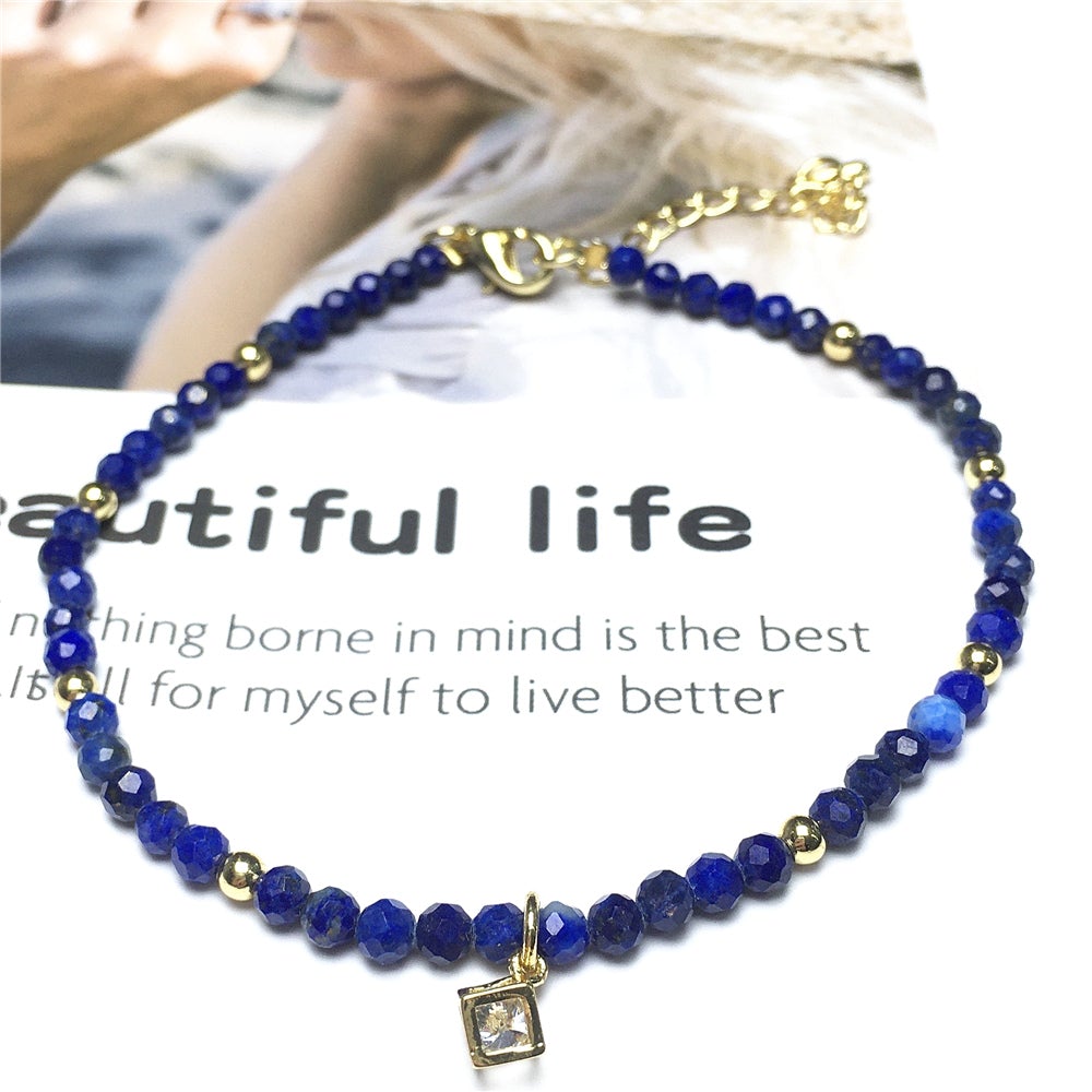 Lapis Lazuli Gemstone with Rhinestone Cubic Charm Adjustable Tiny Gemstone Beads Bracelet