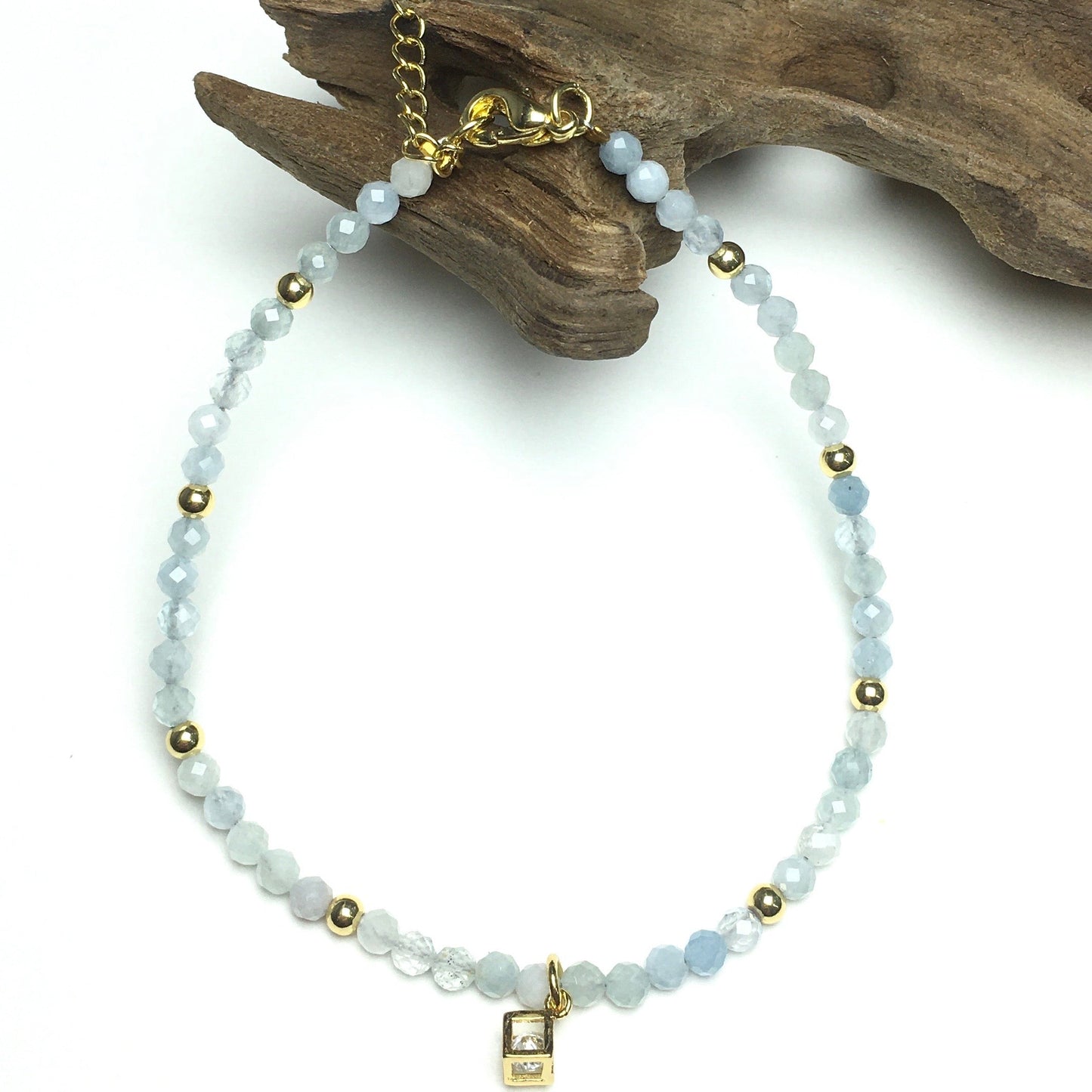 Aquamarine Gemstone with Rhinestone Charm Adjustable Beaded Braceletet