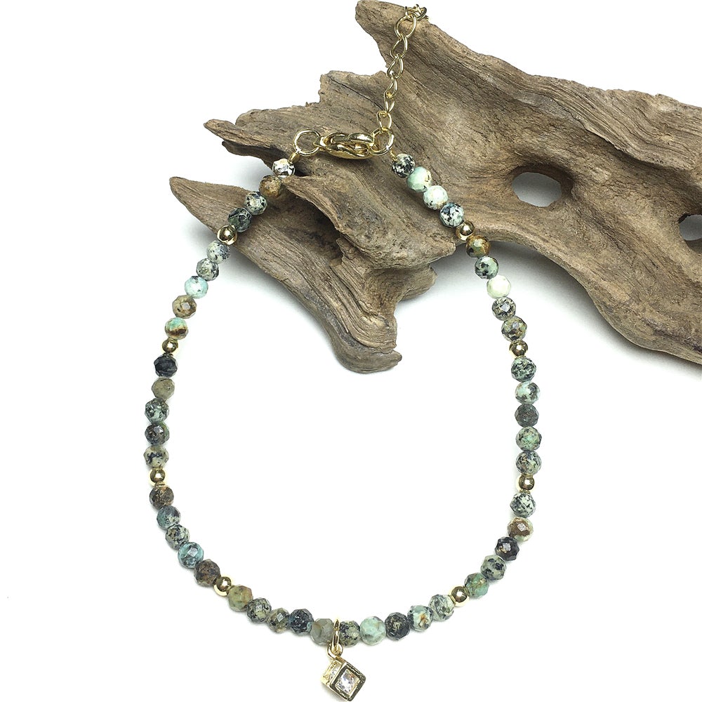 African Turquoise Gemstone with Rhinestone Cubic Charm Adjustable Tiny Gemstone Beads Bracelet