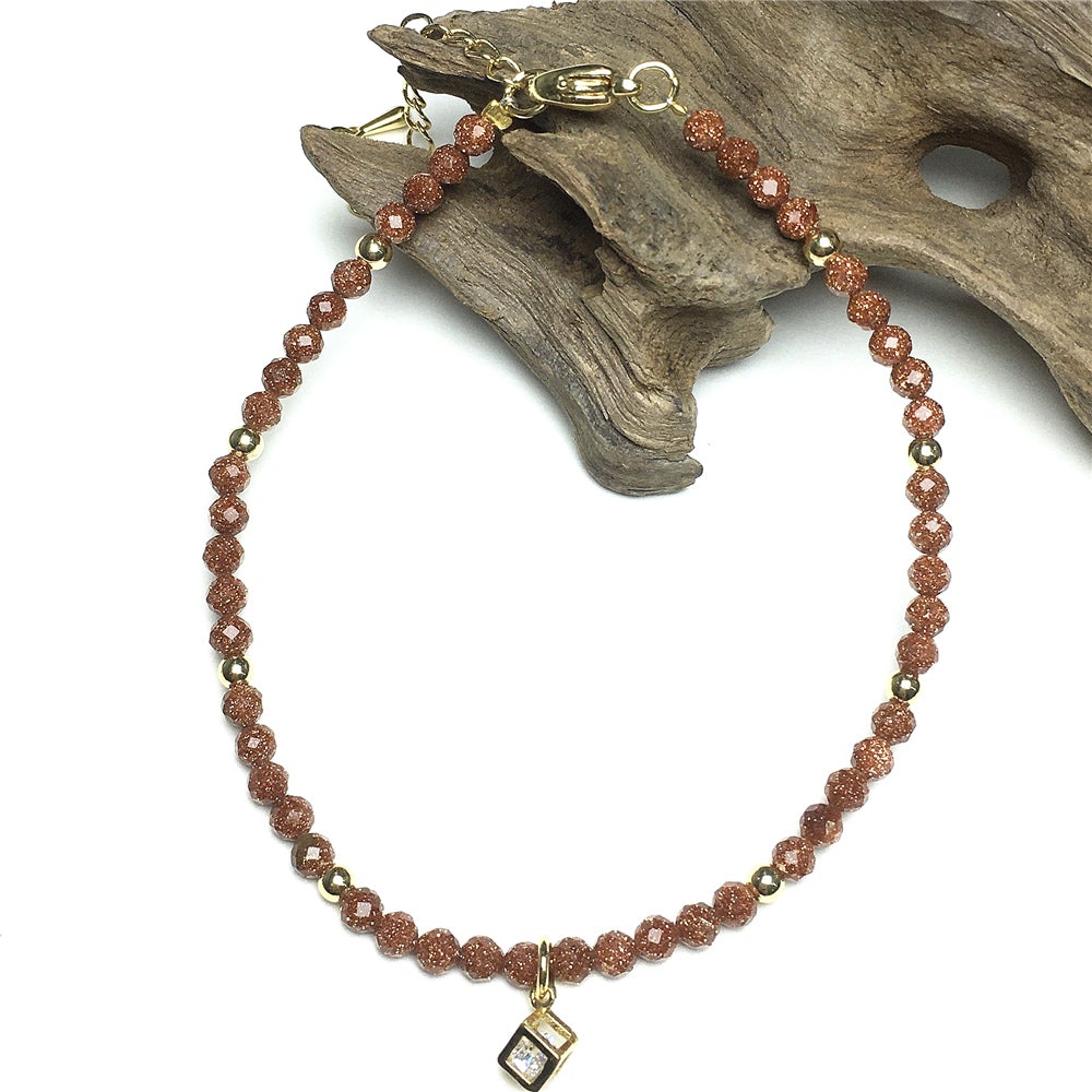 Gold Sandstone Gemstone with Rhinestone Cubic Charm Adjustable Tiny Gemstone Beads Bracelet