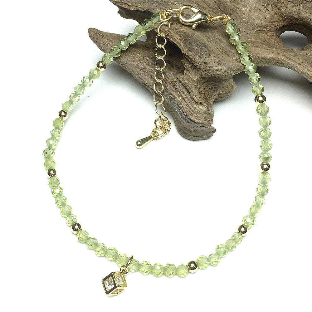 Green Peridot Gemstone with Rhinestone Cubic Charm Adjustable Tiny Gemstone Beads Bracelet