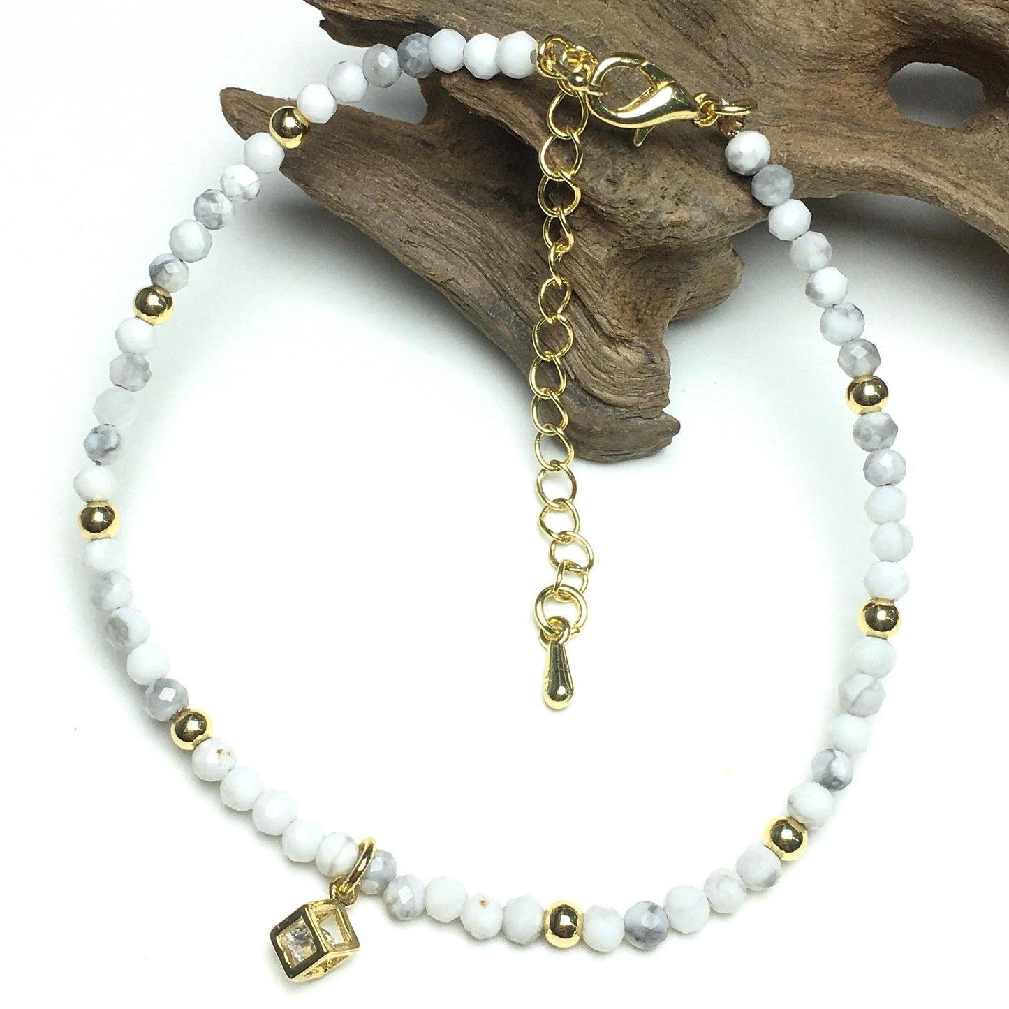 Howlite Gemstone with Rhinestone Cubic Charm Adjustable Tiny Gemstone Beads Bracelet