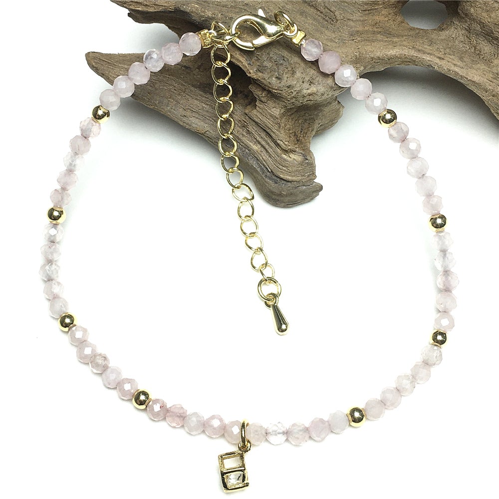 Pink Rose Quartz Gemstone with Rhinestone Cubic Charm Adjustable Tiny Gemstone Beads Bracelet
