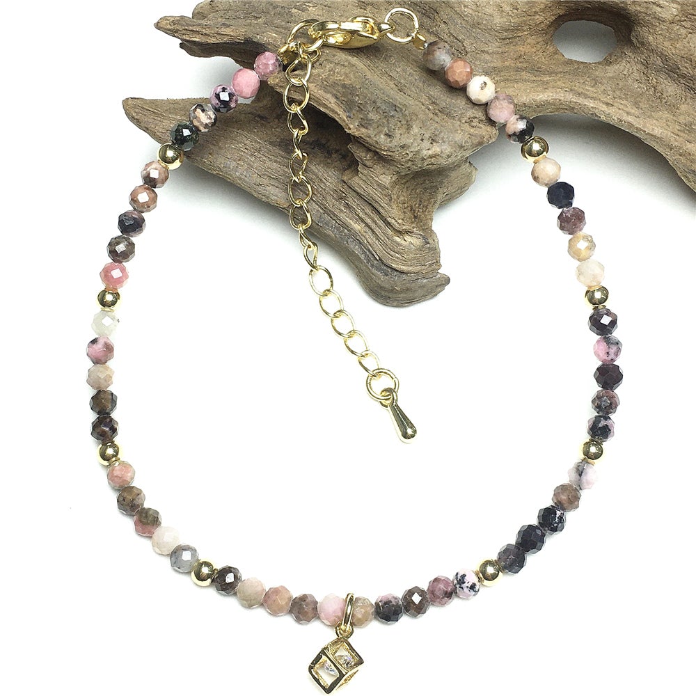 Pink Rhodonite Gemstone with Rhinestone Cubic Charm Adjustable Tiny Gemstone Beads Bracelet