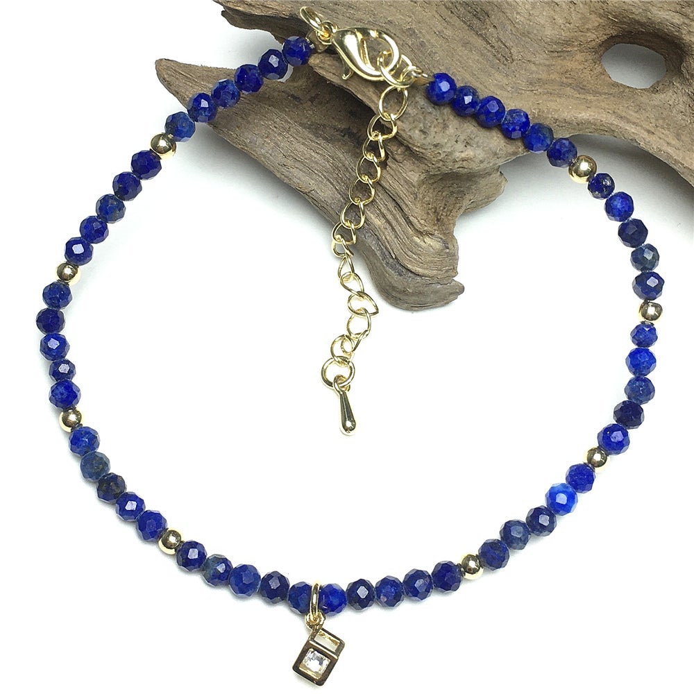 Lapis Lazuli Gemstone with Rhinestone Cubic Charm Adjustable Tiny Gemstone Beads Bracelet