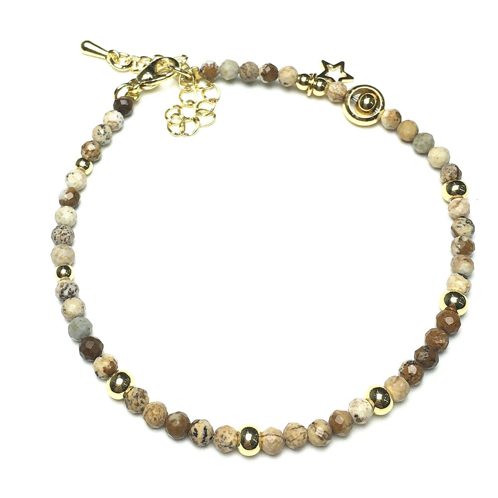 Picture Jasper Gemstone Adjustable Tiny Beads Gemstone Bracelet with Love Heart Charm